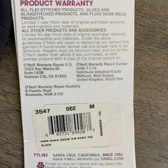 NWT O NEILL Basic Skins Short Sleeve Surf Swim Rash Guard Black Medium - Picture 10 of 10